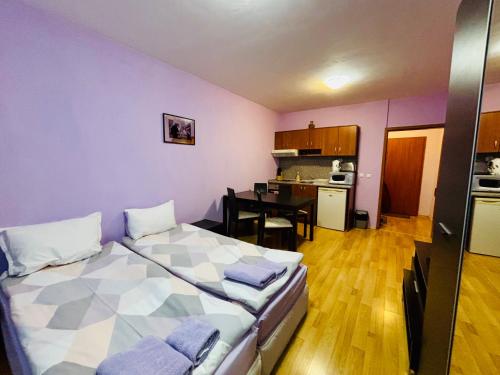 a small room with a bed and a kitchen at Predela 1 - Studio 10 near Bansko Ski Lift in Bansko