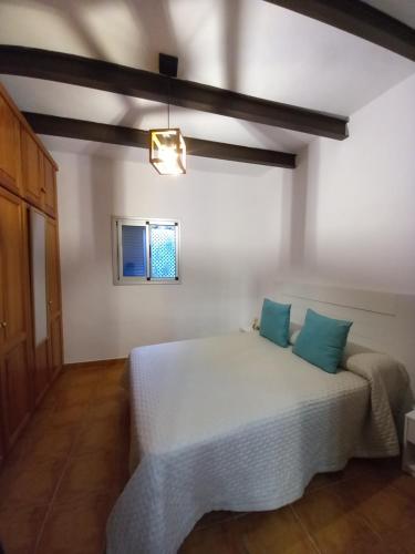 een slaapkamer met een wit bed met blauwe kussens bij Casa Tomás - Zona Rural in Fasnia