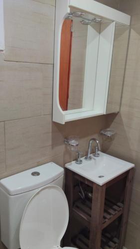 a bathroom with a toilet and a sink and a mirror at Positiva 3 in Mar de Ajó