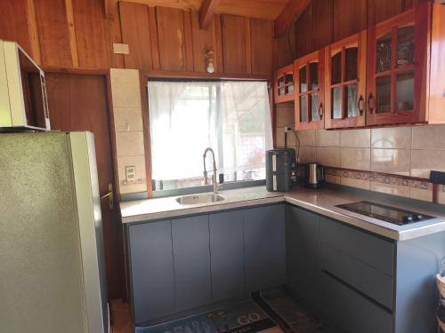 a kitchen with wooden cabinets and a sink and a window at Cabaña pasaje las rosas in Pucón