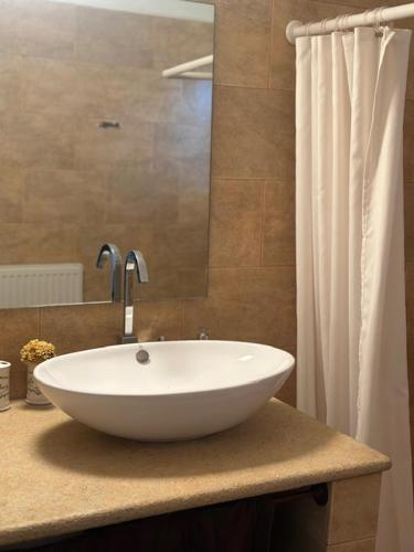 a bathroom with a white sink and a shower curtain at Το Ράντζο του Λυμπέρη in Dhávlia