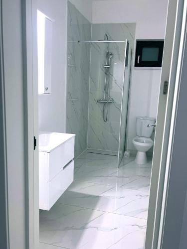 a white bathroom with a shower and a toilet at Casa in Şimnicu de Jos