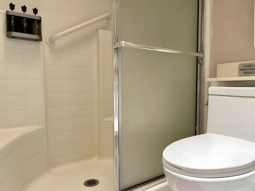 ein Badezimmer mit Toilette und Dusche in der Unterkunft Willow brook room with TV in Hemet