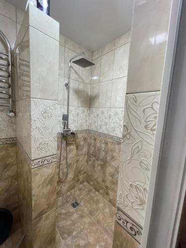 a shower with a glass door in a bathroom at Будинок у Олени in Pochayiv