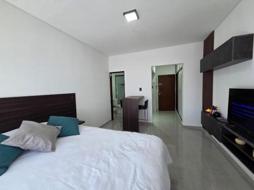 En eller flere senge i et værelse på Monoambiente céntrico Nqn, excelente vista