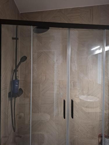 a shower with a glass door with a shower head at El Antiguo Corral de Sevilla in Navalcán
