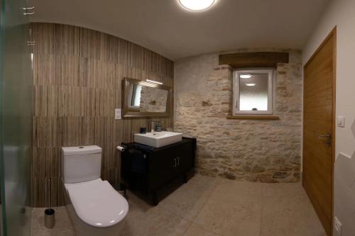 Saint-GeorgesGite Coeur des Ondes - Bleuet的浴室里有马桶、洗手池和镜子。