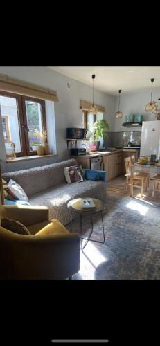 ein Wohnzimmer mit Sofa und eine Küche in der Unterkunft Cozy apartment with terrace in Malbork