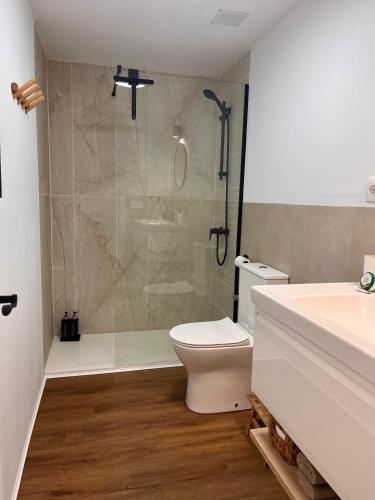 a bathroom with a shower and a toilet and a sink at Anahata Homes in Antigua