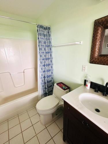 a bathroom with a toilet and a sink at Featherstone Downstairs Apartment, Cayman Brac in Cayman Brac
