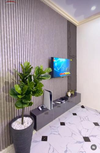 un soggiorno con TV e pianta in vaso di KC Shortlet ad Asaba
