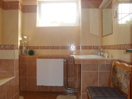 baño con lavabo y radiador blanco en Modrý Dům, en Horní Maršov
