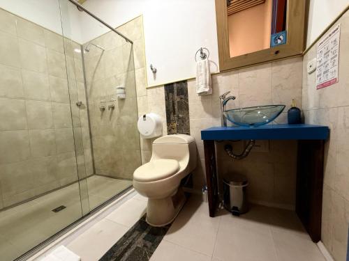 a bathroom with a toilet and a glass shower at Hotel Colibri Real in Filandia
