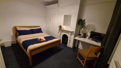 a bedroom with a bed with a fireplace and a television at Supported Guest rooms near Fratton Park in Portsmouth