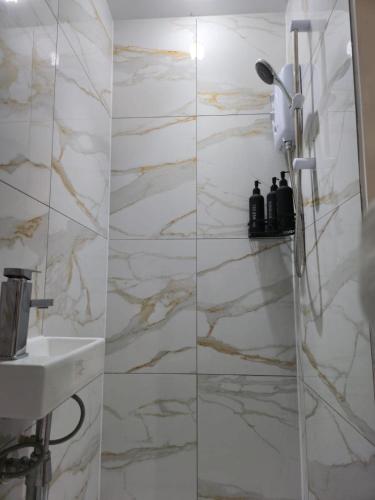 a bathroom with a shower and a sink at Cosy Private Room in Greater London Easy Access to City & Excel in London