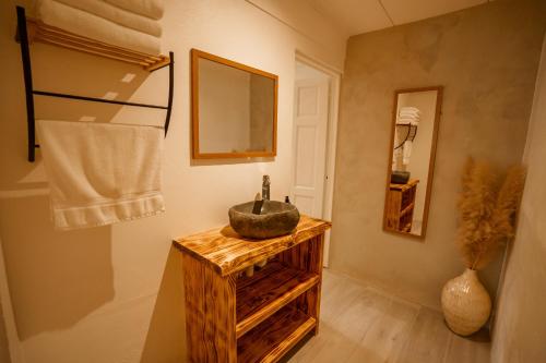 多米尼克Tribe Boutique Hotel - Adults Only的木架上带石水槽的浴室