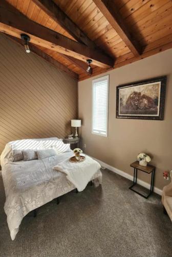 a bedroom with a large bed and a window at Couples Guesthouse, jacuzzi, sauna, pool in Merrillville