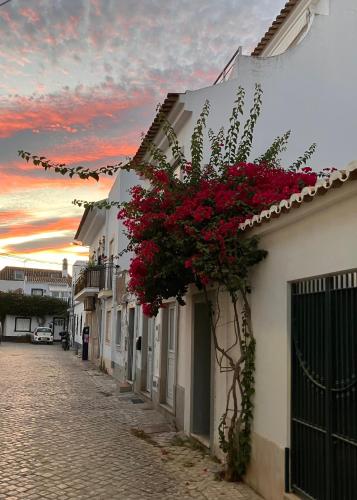 a street with flowers on the side of a building at Peixe Agulha in Tavira