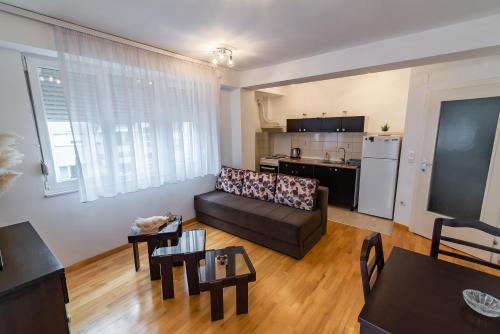 ein Wohnzimmer mit Couch und Küche in der Unterkunft Alex Cosy Quarters in Ohrid