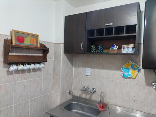 a kitchen with a sink and a cabinet above it at Departamento todo a mano parque central in La Cieneguita