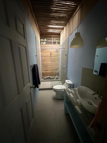a bathroom with a toilet and a sink at Cahuitas red frog house in Talamanca
