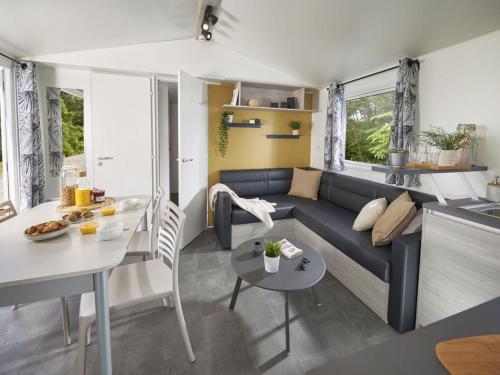 Saint-Martin-de-BremMobil-home confortable avec terrasse à Brem - API-1-52-842的客厅里有一张沙发和一张桌子。