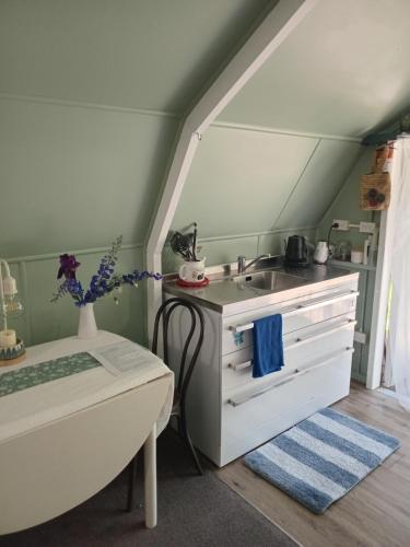 a bathroom with a sink in a room with an attic at The Nest in Tasman