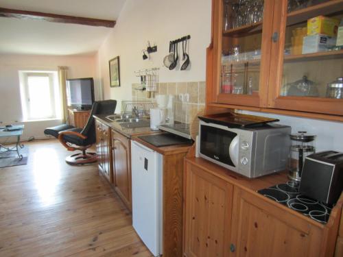 a kitchen with wooden cabinets and a microwave at Chez Shona in Lagrasse