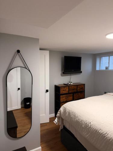 a bedroom with a mirror and a bed and a tv at Janets Cove in Medford