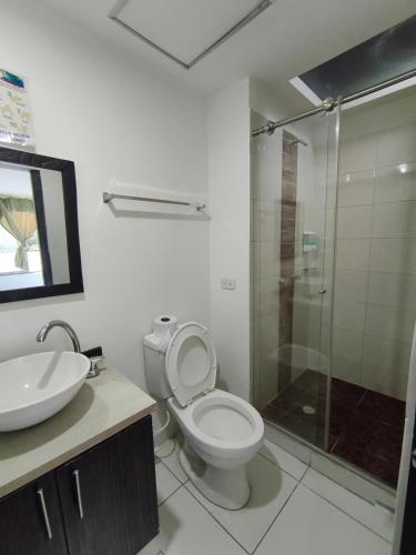 a bathroom with a toilet and a sink and a shower at Hotel Génova Real in Génova