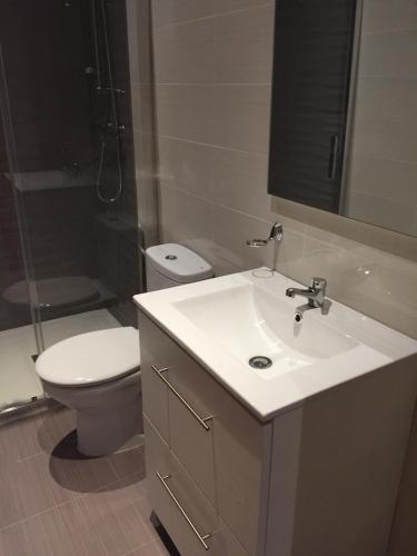 a bathroom with a sink and a toilet and a shower at Casa Rural El Zumaque in Pereña