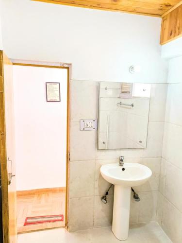a bathroom with a sink and a mirror at Hotel BHRIGU in Manāli