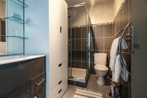 a bathroom with a toilet and a glass shower at Hôtel Restaurant le Voilis in Le Grau-dʼAgde