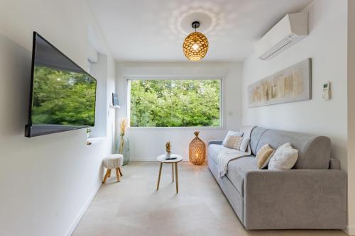 a living room with a couch and a large window at Le Rivera - Clim - Parking - Netflix - Nestor & Margot in Auterive