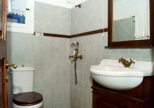 a bathroom with a sink and a toilet and a mirror at Fassolou in Faros