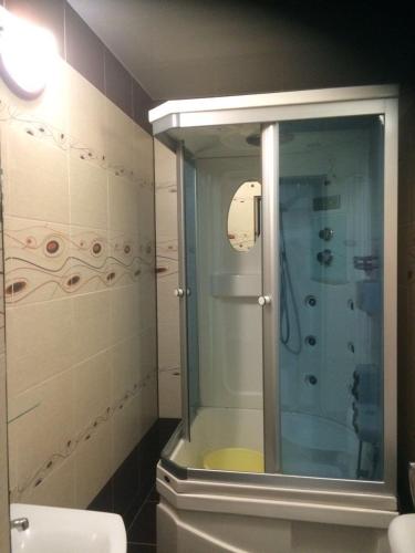 ein Bad mit einer Glasdusche und einem WC in der Unterkunft Aparthotel "Lechebnaya" in Kasan