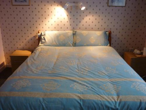 1 dormitorio con 1 cama azul y 2 mesitas de noche en Ardmore House, en Kenmare