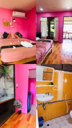 three pictures of a room with pink walls at Mookanda bungalow in Ko Yao Noi