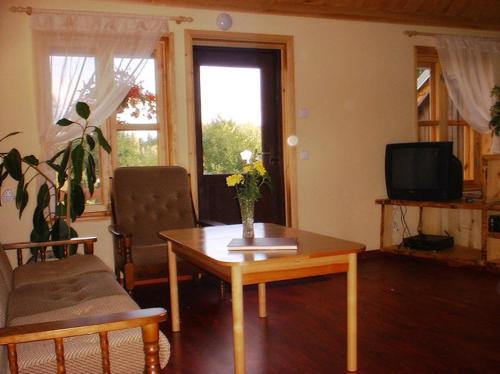 a living room with a table with a vase of flowers on it at Udumäe Holiday Farm in Kirikuküla