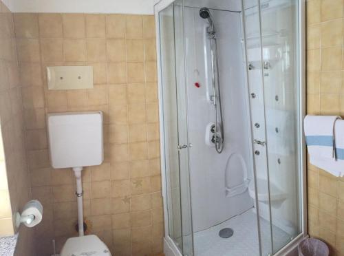 a bathroom with a shower and a toilet in it at Albergo Ristorante Sole in Mezzoldo