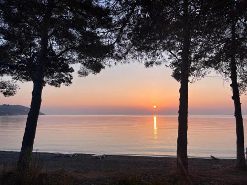ein Sonnenuntergang über dem Wasser mit Bäumen im Vordergrund in der Unterkunft Nirvana Lake View in Sewan
