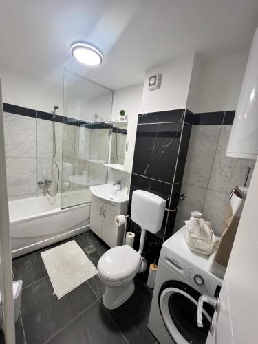 ein Badezimmer mit Toilette, Waschbecken und Dusche in der Unterkunft Apartman Sara in Teslić