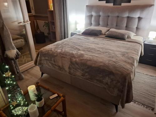 a bedroom with a large bed and a christmas tree at Kuća za odmor Vila Valentina in Škriljevec