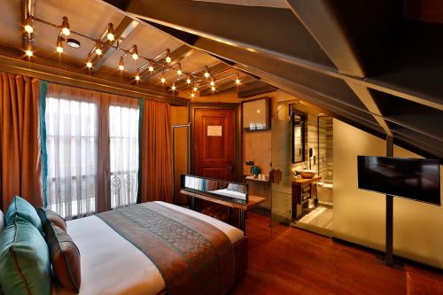 イスタンブールにあるSanat Boutique Hotel Peraのベッドルーム(大型ベッド1台、テレビ付)