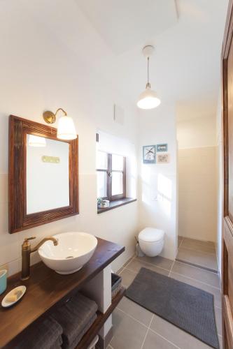 a bathroom with a sink and a toilet at Bio Archehof - Zur Grube in Podersdorf am See