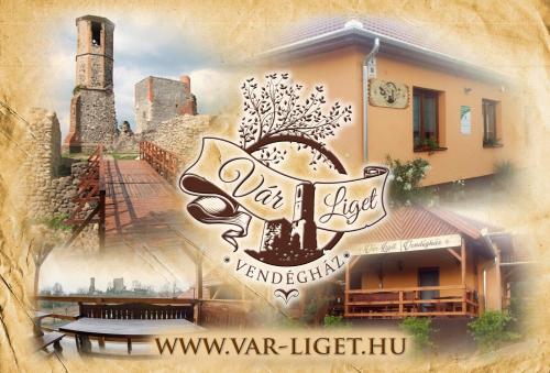 a painting of a building with a tower in the background at Vár-Liget Vendégház in Kisnána