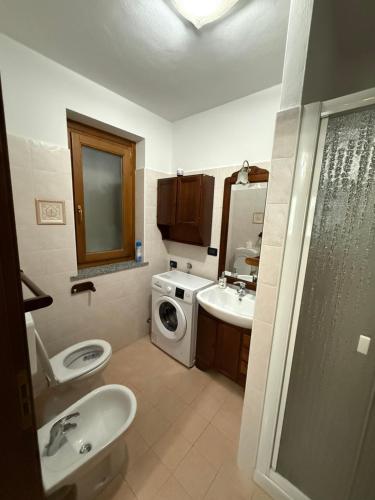 a bathroom with a sink and a washing machine at Villetta con giardino in Doues