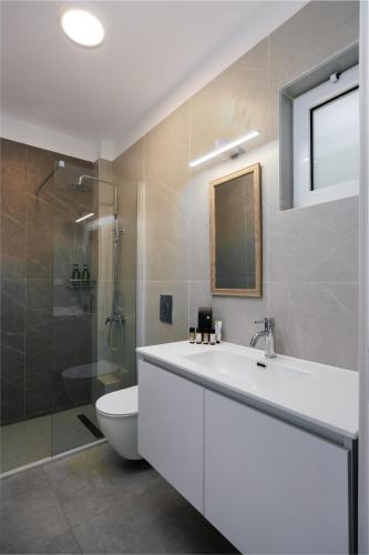 a bathroom with a sink and a toilet and a shower at Costas & Chrysoula in Plakias