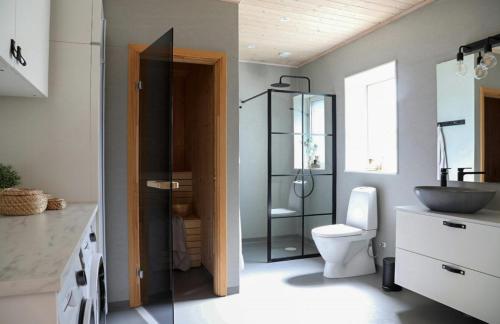 埃克舍Lake Cottage With Sunsets Over Försjön的浴室配有马桶和玻璃淋浴房