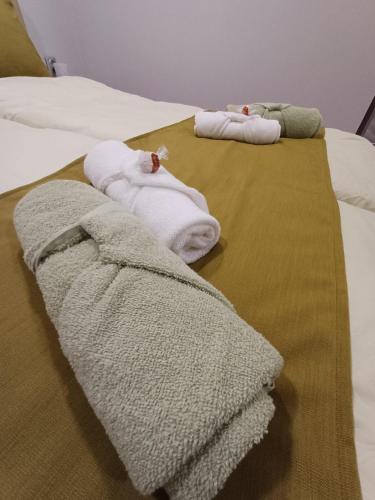 two babies laying on a bed with towels at Borka-land Vendégház in Deszk